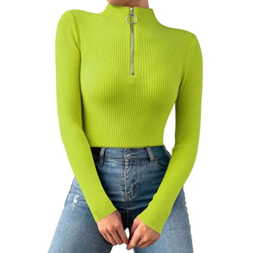 Unterziehshirt Damen Langarm Mit Stehkragen - Langarmshirt Mit 1/4 Reißverschluss Slim Fit Tshirt Einfarbig Basic Shirt Gerippt Sweatshirt Stricke Longsleeve Pullover Enges Crop Top von SkotO