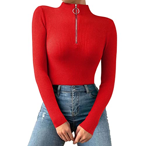 Unterziehshirt Damen Langarm Mit Stehkragen - Langarmshirt Mit 1/4 Reißverschluss Slim Fit Tshirt Einfarbig Basic Shirt Gerippt Sweatshirt Stricke Longsleeve Pullover Enges Crop Top von SkotO