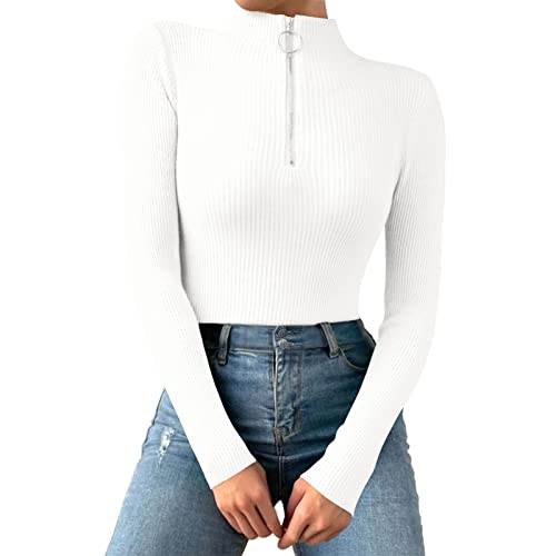Unterziehshirt Damen Langarm Mit Stehkragen - Langarmshirt Mit 1/4 Reißverschluss Slim Fit Tshirt Einfarbig Basic Shirt Gerippt Sweatshirt Stricke Longsleeve Pullover Enges Crop Top von SkotO