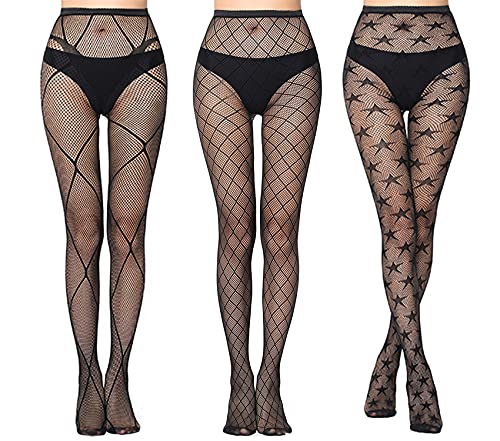 Skrsila 3 Paare Netzstrümpfe Damen Spitze Netz Strumpfhose Hohe Taille Gemusterte Netzstrumpfhose Sexy Mesh Loch Strumpfhosen von Skrsila