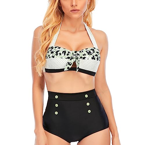 Skrsila Damen Bikini Set High Waist Neckholder Badeanzug Bauchweg Vintage Gestreift Bademode Zweiteiliger Badeanzüge von Skrsila