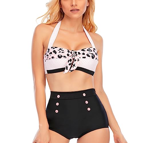 Skrsila Damen Bikini Set High Waist Neckholder Badeanzug Bauchweg Vintage Gestreift Bademode Zweiteiliger Badeanzüge von Skrsila