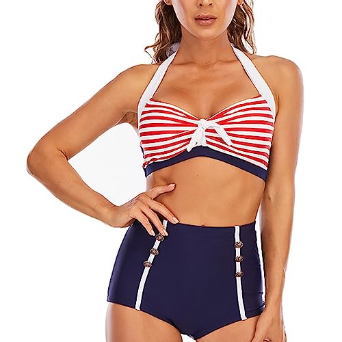 Skrsila Damen Bikini Set High Waist Neckholder Badeanzug Bauchweg Vintage Gestreift Bademode Zweiteiliger Badeanzüge von Skrsila