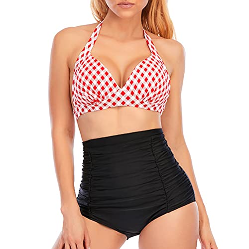 Skrsila Damen Bikini Set High Waist Neckholder Badeanzug Bauchweg Vintage Kariert Bademode Zweiteiliger Badeanzüge von Skrsila