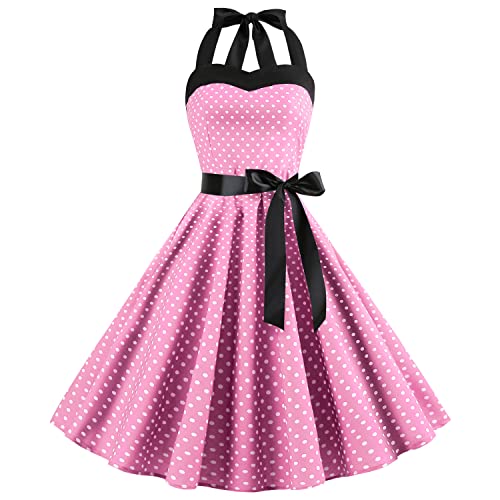 Skrsila Damen Cocktailkleid Polka Dots Neckholder 1950er Vintage Retro Rockabilly Swing Kleid A Linie Faltenrock Knielang Festlich Abendkleid Elegant Kleider von Skrsila