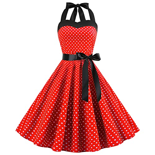 Skrsila Damen Cocktailkleid Polka Dots Neckholder 1950er Vintage Retro Rockabilly Swing Kleid A Linie Faltenrock Knielang Festlich Abendkleid Elegant Kleider von Skrsila