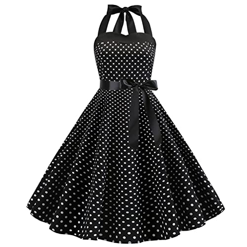 Skrsila Damen Cocktailkleid Polka Dots Neckholder 1950er Vintage Retro Rockabilly Swing Kleid A Linie Faltenrock Knielang Festlich Abendkleid Elegant Kleider von Skrsila