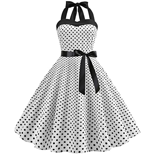 Skrsila Damen Cocktailkleid Polka Dots Neckholder 1950er Vintage Retro Rockabilly Swing Kleid A Linie Faltenrock Knielang Festlich Abendkleid Elegant Kleider von Skrsila