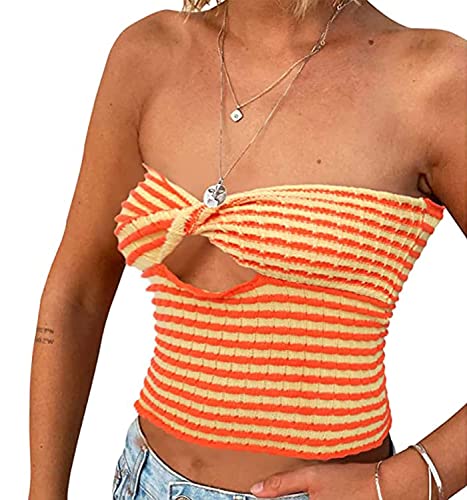 Skrsila Damen Crop Tops Sexy Tube Top Oberteil Schulterfrei Sommer Tank Top Gestreift Strick Weste T-Shirt Bluse von Skrsila