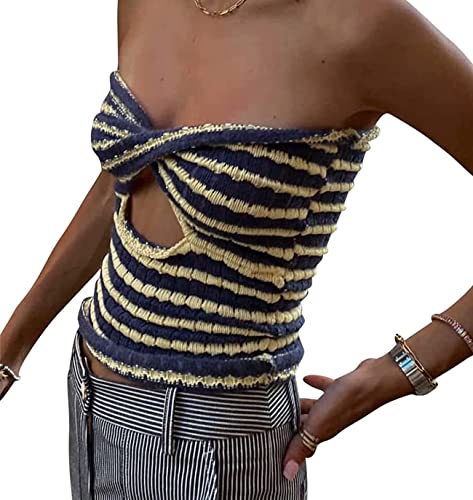 Skrsila Damen Crop Tops Sexy Tube Top Oberteil Schulterfrei Sommer Tank Top Gestreift Strick Weste T-Shirt Bluse von Skrsila