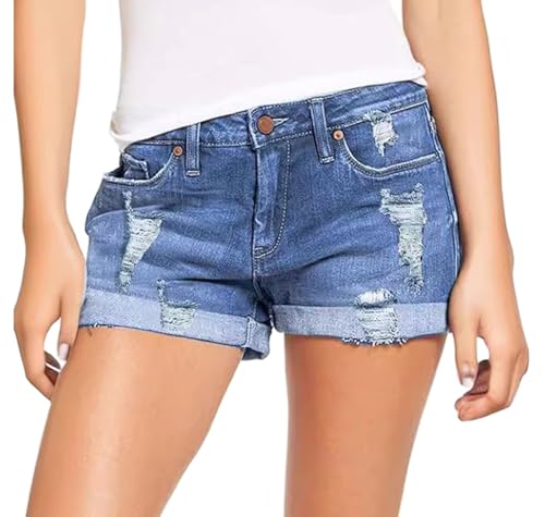 Skrsila Damen Jeans Shorts Ripped Denim Shorts Mittlere Taille Kurze Jeanshose Sommer Hotpants Casual Jeansshorts Hellblau XXL von Skrsila