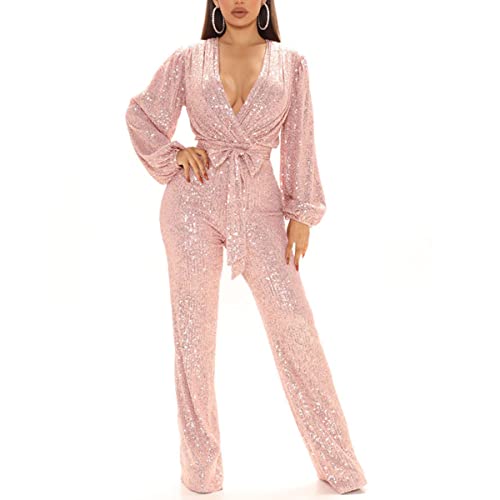 Skrsila Damen Jumpsuit Glitzer Elegant Langarm V-Ausschnitt Lang Overall Pailletten Hosenanzug Playsuit mit Gürtel Romper von Skrsila