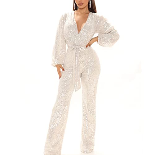 Skrsila Damen Jumpsuit Glitzer Elegant Langarm V-Ausschnitt Lang Overall Pailletten Hosenanzug Playsuit mit Gürtel Romper von Skrsila