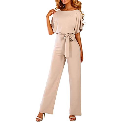 Skrsila Damen Jumpsuit Lang Elegant Kurzarm O-Ausschnitt Overall Einfarbig Hosenanzug Playsuit Romper mit Gürtel von Skrsila