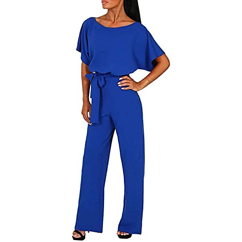 Skrsila Damen Jumpsuit Lang Elegant Kurzarm O-Ausschnitt Overall Einfarbig Hosenanzug Playsuit Romper mit Gürtel von Skrsila