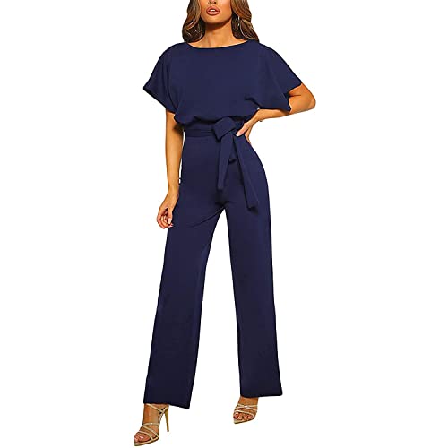 Skrsila Damen Jumpsuit Lang Elegant Kurzarm O-Ausschnitt Overall Einfarbig Hosenanzug Playsuit Romper mit Gürtel von Skrsila