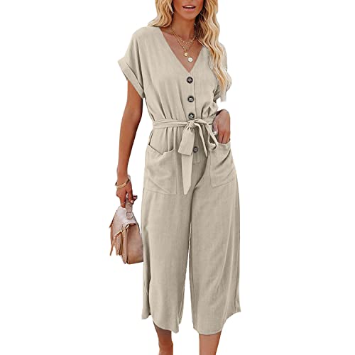 Skrsila Damen Jumpsuit Sommer Elegant Overall Kurzarm V-Ausschnitt Knöpfe Playsuit Weites Bein Hosenanzug Einfarbig Romper mit Gürtel von Skrsila