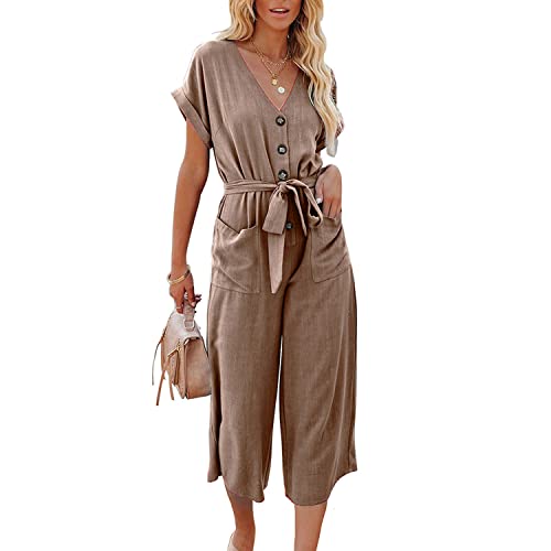 Skrsila Damen Jumpsuit Sommer Elegant Overall Kurzarm V-Ausschnitt Knöpfe Playsuit Weites Bein Hosenanzug Einfarbig Romper mit Gürtel von Skrsila