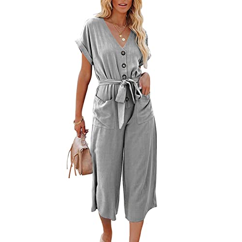 Skrsila Damen Jumpsuit Sommer Elegant Overall Kurzarm V-Ausschnitt Knöpfe Playsuit Weites Bein Hosenanzug Einfarbig Romper mit Gürtel von Skrsila