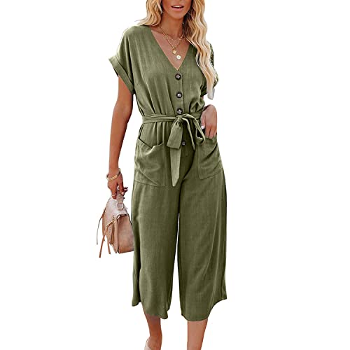 Skrsila Damen Jumpsuit Sommer Elegant Overall Kurzarm V-Ausschnitt Knöpfe Playsuit Weites Bein Hosenanzug Einfarbig Romper mit Gürtel von Skrsila