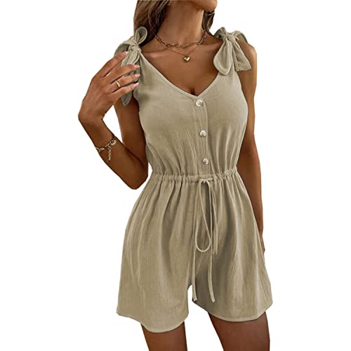 Skrsila Damen Jumpsuit Sommer Kurz Elegant Overall Ärmellos V-Ausschnitt Knöpfe Playsuit Einteiler Hosenanzug Einfarbig Romper mit Kordelzug von Skrsila