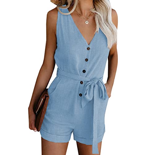 Skrsila Damen Jumpsuit Sommer Kurz Elegant Overall Ärmellos V-Ausschnitt Knöpfe Playsuit mit Gürtel und Taschen Einteiler High Waist Einfarbig Romper von Skrsila