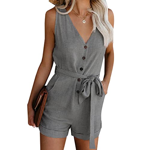 Skrsila Damen Jumpsuit Sommer Kurz Elegant Overall Ärmellos V-Ausschnitt Knöpfe Playsuit mit Gürtel und Taschen Einteiler High Waist Einfarbig Romper von Skrsila