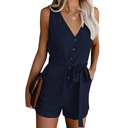 Skrsila Damen Jumpsuit Sommer Kurz Elegant Overall Ärmellos V-Ausschnitt Knöpfe Playsuit mit Gürtel und Taschen Einteiler High Waist Einfarbig Romper von Skrsila