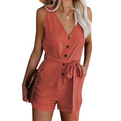 Skrsila Damen Jumpsuit Sommer Kurz Elegant Overall Ärmellos V-Ausschnitt Knöpfe Playsuit mit Gürtel und Taschen Einteiler High Waist Einfarbig Romper von Skrsila