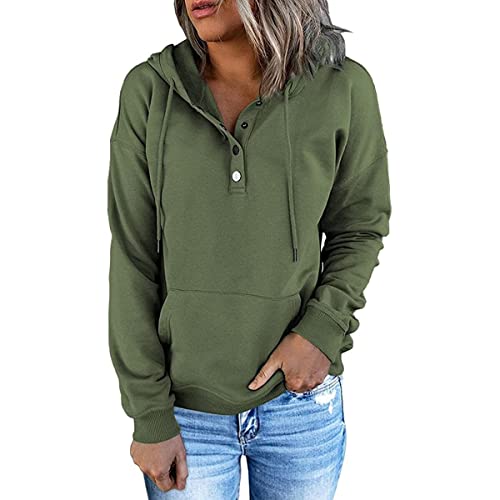 Skrsila Damen Kapuzenpullover Hoodie Pullover Knopfleiste Casual Sweatshirt mit Kapuze Frauen Streetwear Kapuzenpulli Armeegrün L von Skrsila