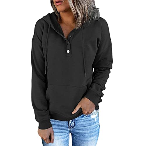 Skrsila Damen Kapuzenpullover Hoodie Pullover Knopfleiste Casual Sweatshirt mit Kapuze Frauen Streetwear Kapuzenpulli Schwarz XL von Skrsila