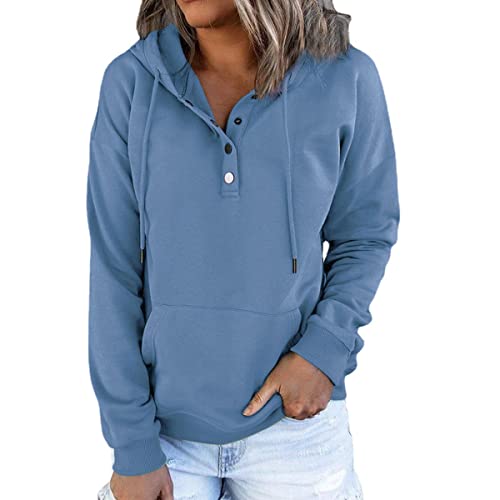 Skrsila Damen Kapuzenpullover Hoodie Pullover Knopfleiste Casual Sweatshirt mit Kapuze Frauen Streetwear Kapuzenpulli, Blau, M von Skrsila