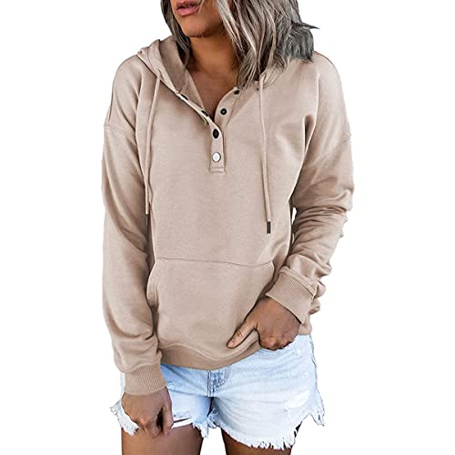 Skrsila Damen Kapuzenpullover Hoodie Pullover Knopfleiste Casual Sweatshirt mit Kapuze Frauen Streetwear Kapuzenpulli, XXL, Khaki von Skrsila