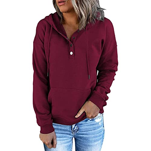 Skrsila Damen Kapuzenpullover Hoodie Pullover Knopfleiste Casual Sweatshirt mit Kapuze Frauen Streetwear Kapuzenpulli Weinrot L von Skrsila