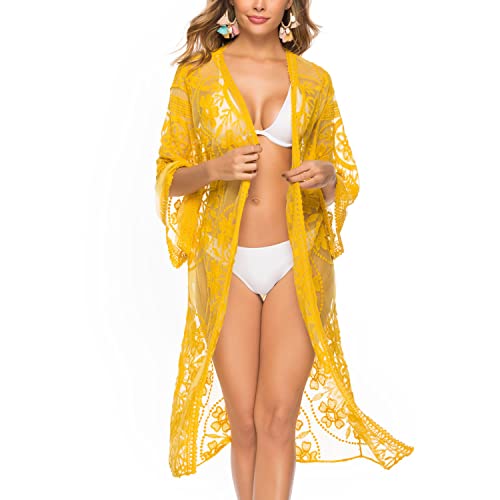 Skrsila Damen Kimono Cardigan Strand Sommer Lang Pareos Strandkleider Spitze Sexy Boho Strandponcho 3/4 Ärmel Beachwear Bikini Cover Up von Skrsila