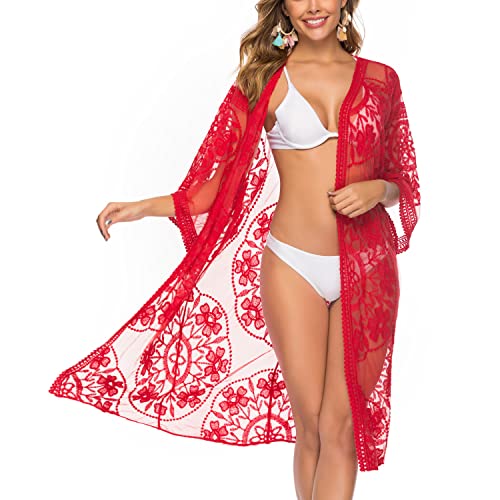 Skrsila Damen Kimono Cardigan Strand Sommer Lang Pareos Strandkleider Spitze Sexy Boho Strandponcho 3/4 Ärmel Beachwear Bikini Cover Up von Skrsila