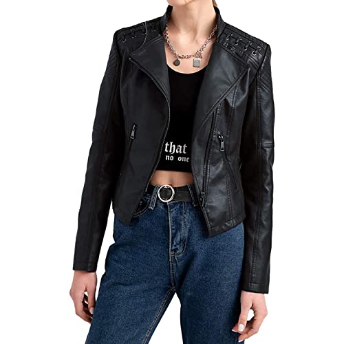 Skrsila Damen Lederjacke Kurz Bikerjacke Stehkragen Übergangsjacke Motoradjacke Herbst Winter Kunstleder Jacke Schwarz 4XL von Skrsila