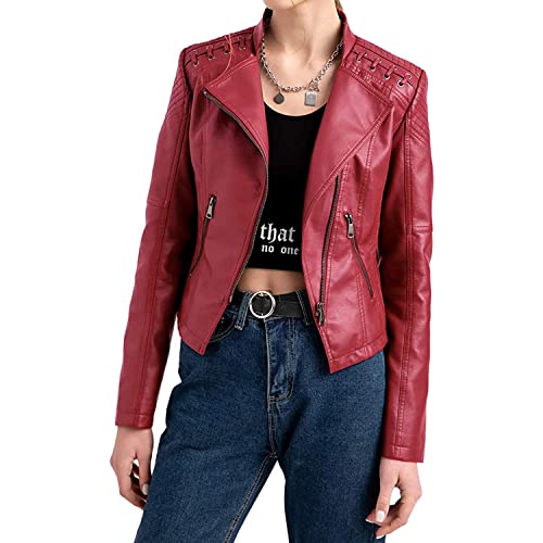 Skrsila Damen Lederjacke Kurz Bikerjacke Stehkragen Übergangsjacke Motoradjacke Herbst Winter Kunstleder Jacke Weinrot L von Skrsila