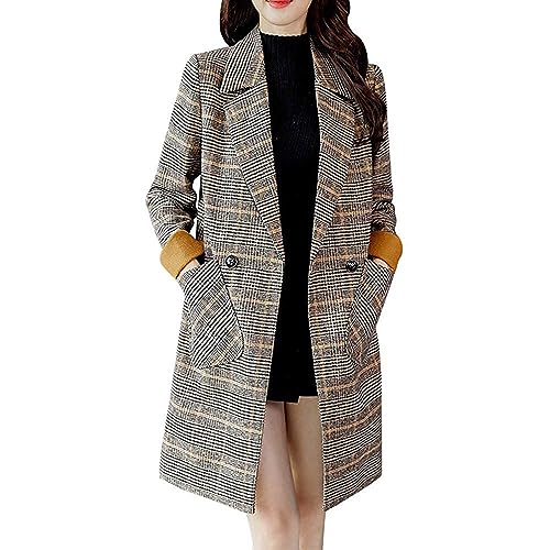 Skrsila Damen Mantel Kariert Lange Wollmantel Elegant Trenchcoat Revers Frauen Windjacke Herbst Winter Jacke Outwear Windbreaker Slim Fit Mantel von Skrsila