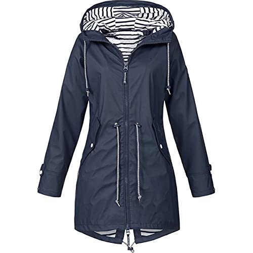 Skrsila Damen Regenjacke Lang Regenmantel mit Kapuze Wasserdicht Regenparka Leicht Wanderjacke Winddicht Funktionsjacke Outdoorjacken Übergangsjacke Softshelljacke Marineblau 3XL von Skrsila