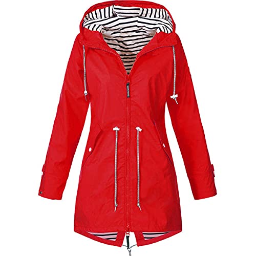 Skrsila Damen Regenjacke Lang Regenmantel mit Kapuze Wasserdicht Regenparka Leicht Wanderjacke Winddicht Funktionsjacke Outdoorjacken Übergangsjacke Softshelljacke Rot L von Skrsila