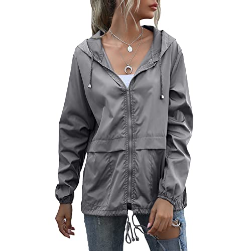 Skrsila Damen Regenjacke Leicht Jacke mit Kapuze Windbreaker Wasserdicht Atmungsaktiv Winddicht Outdoorjacke mit Einstellbarer Kordelzug Einfarbig Regenmantel von Skrsila