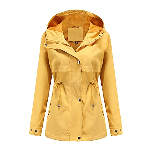 Skrsila Damen Regenjacke Wasserdicht Atmungsaktiv Regenmantel Windjacke mit Kapuze Outdoorjacke mit Einstellbarer Kordelzug Einfarbig Funktionsjacke Regenparka Übergangsjacke Gelb 3XL von Skrsila