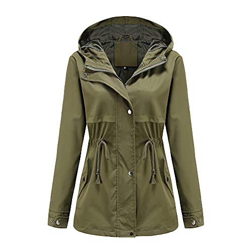 Skrsila Damen Regenjacke Wasserdicht Atmungsaktiv Regenmantel Windjacke mit Kapuze Outdoorjacke mit Einstellbarer Kordelzug Einfarbig Funktionsjacke Regenparka Übergangsjacke Grün S von Skrsila