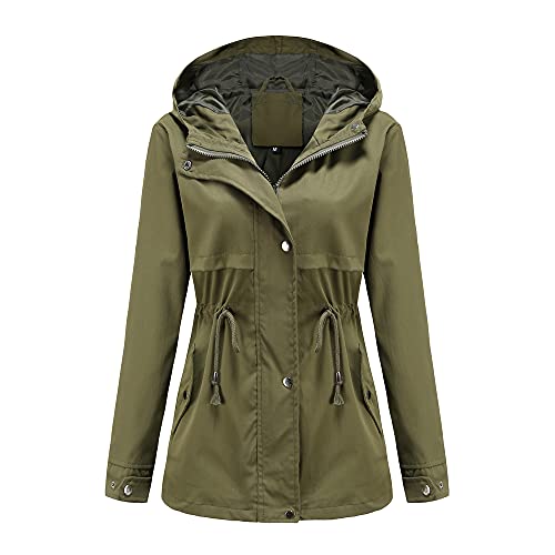 Skrsila Damen Regenjacke Wasserdicht Atmungsaktiv Regenmantel Windjacke mit Kapuze Outdoorjacke mit Einstellbarer Kordelzug Einfarbig Funktionsjacke Regenparka Übergangsjacke Grün XL von Skrsila