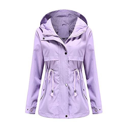 Skrsila Damen Regenjacke Wasserdicht Atmungsaktiv Regenmantel Windjacke mit Kapuze Outdoorjacke mit Einstellbarer Kordelzug Einfarbig Funktionsjacke Regenparka Übergangsjacke von Skrsila