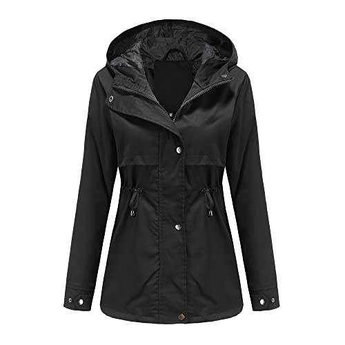 Skrsila Damen Regenjacke Wasserdicht Atmungsaktiv Regenmantel Windjacke mit Kapuze Outdoorjacke mit Einstellbarer Kordelzug Einfarbig Funktionsjacke Regenparka Übergangsjacke Schwarz S von Skrsila