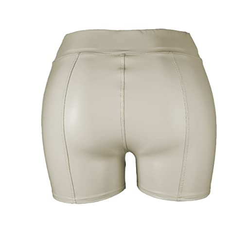 Skrsila Damen Shorts Leder Hose High Waist Sexy Kurze Lederhose Push Up Lederimitat Kunstlederhose PU Lederoptik Kurze Hose Beige 3XL von Skrsila