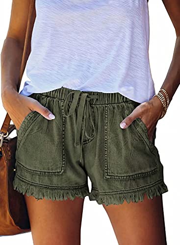 Skrsila Damen Shorts Sommer Kurze Hosen mit Tunnelzug Baumwolle Leinen Shorts Gummiband Hotpants Quaste Shorts Grün S von Skrsila