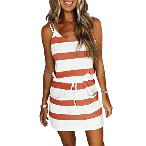 Skrsila Damen Sommerkleid Gestreift Freizeitkleid V-Ausschnitt Minikleid mit Spaghettiträger Partykleid Kurz Strandkleider Streifen Sommer Kleider von Skrsila